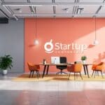 Oficinas modernas de startup con decoración minimalista y equipos tecnológicos