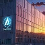 Edificio moderno con logotipos de startups proyectados sobre una pantalla digital en un entorno urbano al amanecer