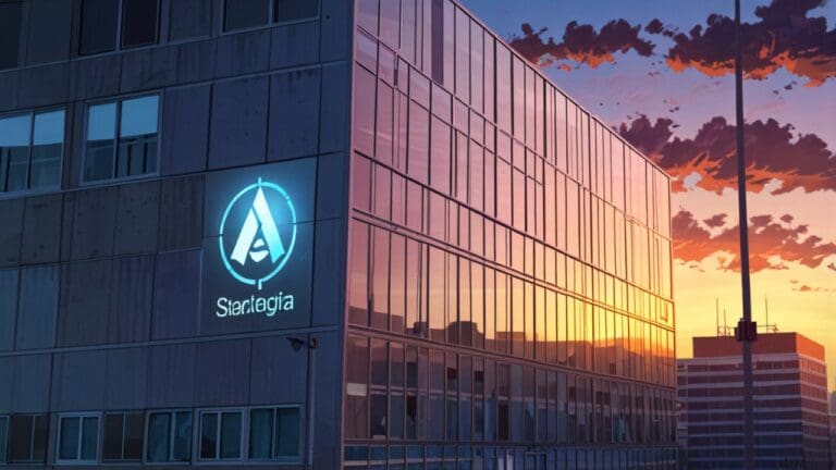 Edificio moderno con logotipos de startups proyectados sobre una pantalla digital en un entorno urbano al amanecer