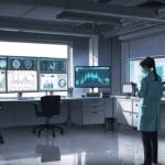 Oficina tecnológica moderna con equipos de investigación médica y pantallas digitales mostrando datos neurológicos