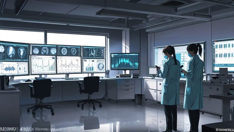 Oficina tecnológica moderna con equipos de investigación médica y pantallas digitales mostrando datos neurológicos