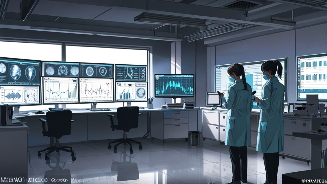 Oficina tecnológica moderna con equipos de investigación médica y pantallas digitales mostrando datos neurológicos