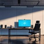 Oficinas modernas con pantallas mostrando videojuegos competitivos y gráficos de inversión en una mesa de reuniones