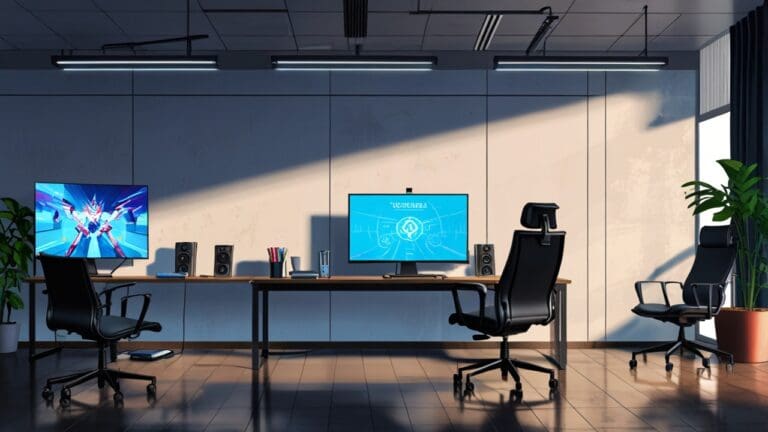 Oficinas modernas con pantallas mostrando videojuegos competitivos y gráficos de inversión en una mesa de reuniones