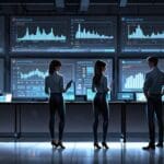 Oficina moderna de tecnología con equipo observando pantallas de datos