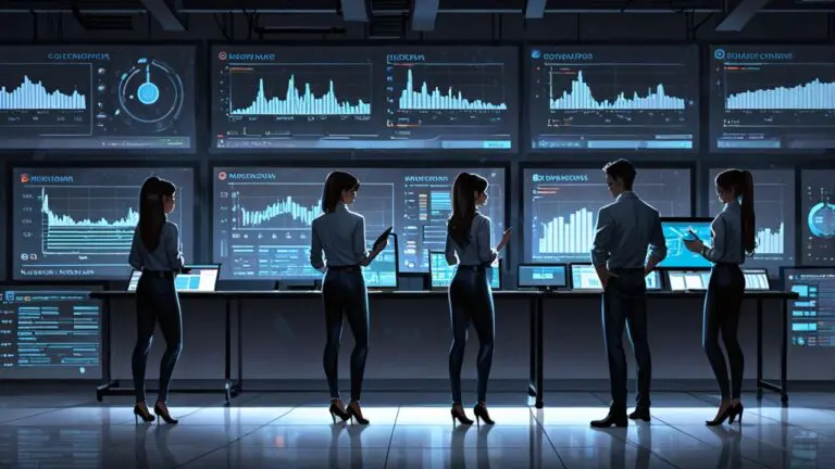 Oficina moderna de tecnología con equipo observando pantallas de datos