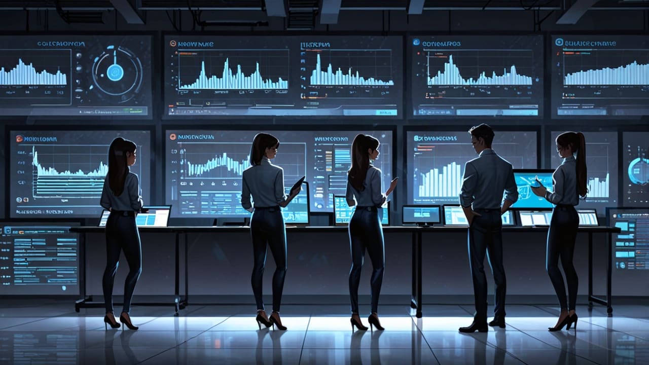 Oficina moderna de tecnología con equipo observando pantallas de datos