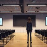 Sala de conferencias moderna con representantes gubernamentales y pantallas digitales mostrando gráficos de crecimiento
