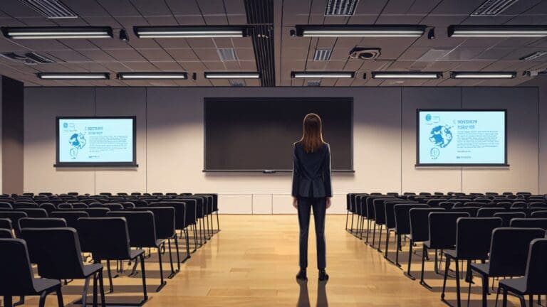 Sala de conferencias moderna con representantes gubernamentales y pantallas digitales mostrando gráficos de crecimiento
