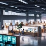 Interior moderno de un centro de innovación con emprendedores mostrando prototipos textiles y tecnológicos sobre mesas de trabajo