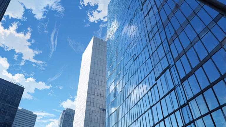Vista aérea de un moderno edificio corporativo en un entorno urbano con cielo despejado