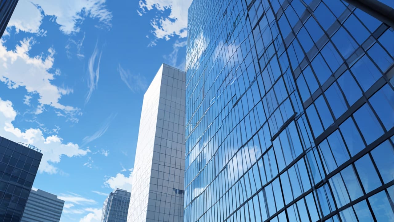 Vista aérea de un moderno edificio corporativo en un entorno urbano con cielo despejado