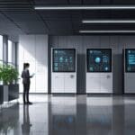 Oficinas modernas con servidores de inteligencia artificial y pantallas con datos tecnológicos