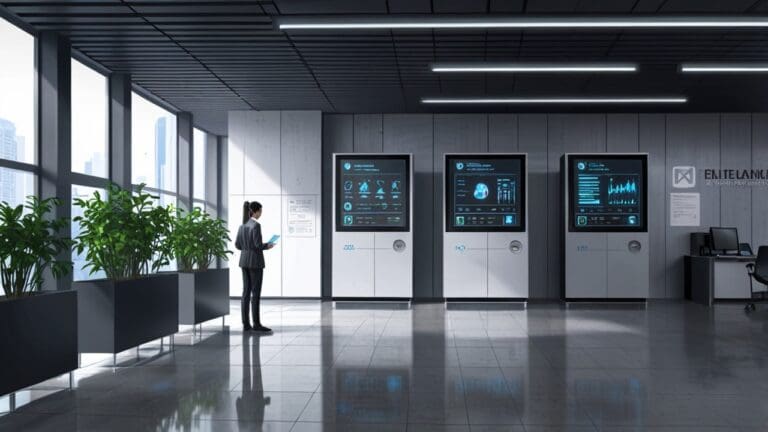 Oficinas modernas con servidores de inteligencia artificial y pantallas con datos tecnológicos