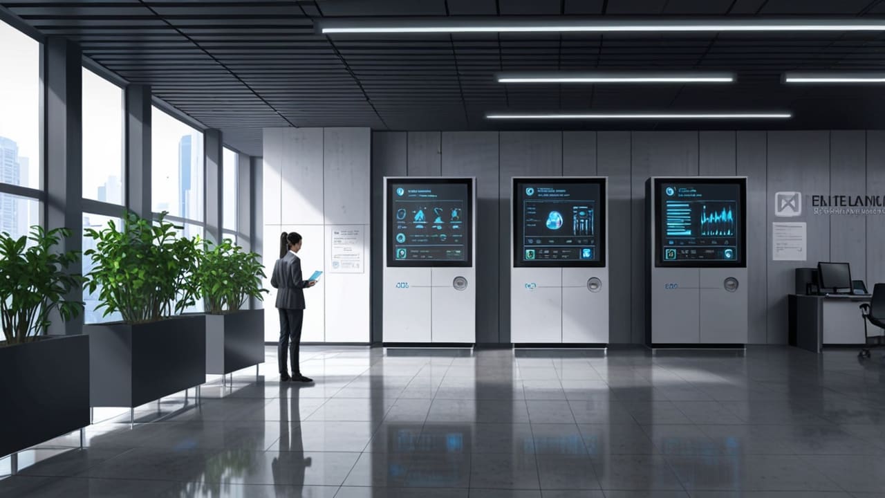 Oficinas modernas con servidores de inteligencia artificial y pantallas con datos tecnológicos