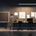 Espacio de trabajo moderno con pizarras llenas de diagramas estratégicos y portátil encendido sobre escritorio limpio