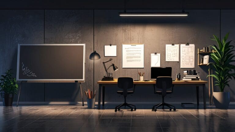 Espacio de trabajo moderno con pizarras llenas de diagramas estratégicos y portátil encendido sobre escritorio limpio