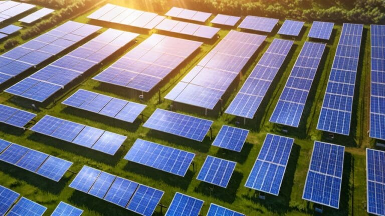 Imagen aérea de un parque fotovoltaico extenso al atardecer con paneles solares alineados.