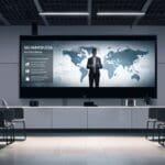 Sala de conferencias moderna con emprendedores frente a una pantalla grande con gráficos tecnológicos