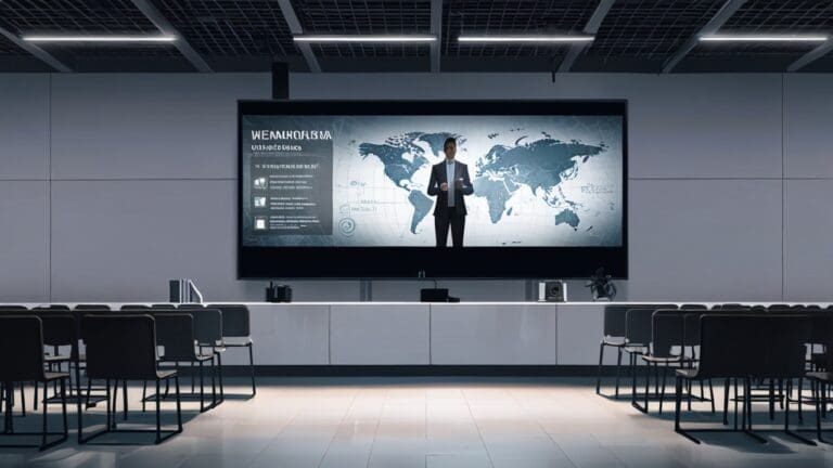 Sala de conferencias moderna con emprendedores frente a una pantalla grande con gráficos tecnológicos