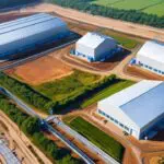 Vista aérea de instalaciones industriales sostenibles rodeadas de naturaleza