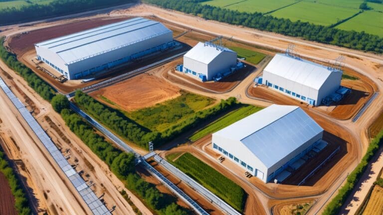 Vista aérea de instalaciones industriales sostenibles rodeadas de naturaleza