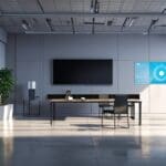 Interiores modernos de una oficina de innovación tecnológica con pantallas de alta tecnología.