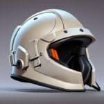 Primer plano de un casco tecnológico en 3D sobre un fondo neutro moderno