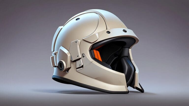 Primer plano de un casco tecnológico en 3D sobre un fondo neutro moderno