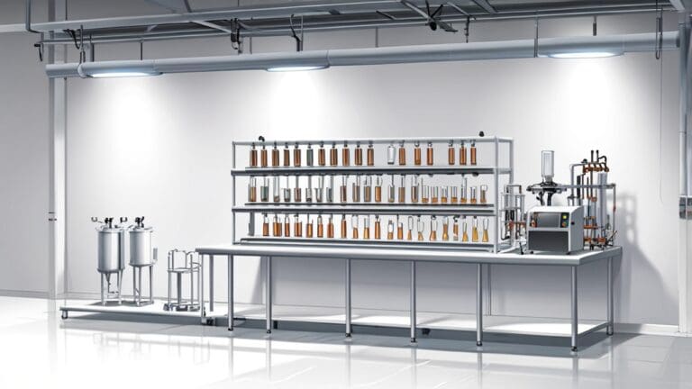 Primer plano de una instalación científica con tubos de ensayo y larvas en estudio, sobre una mesa blanca en un laboratorio moderno