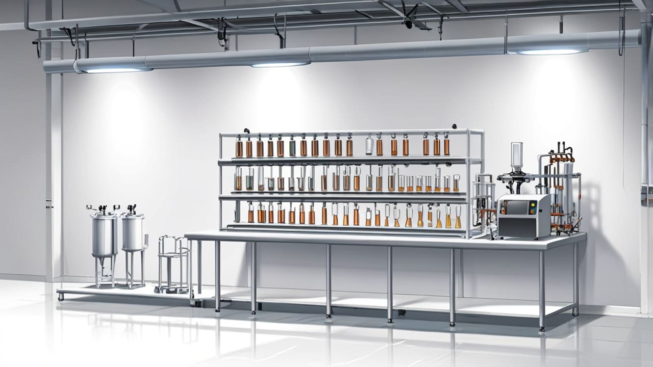 Primer plano de una instalación científica con tubos de ensayo y larvas en estudio, sobre una mesa blanca en un laboratorio moderno