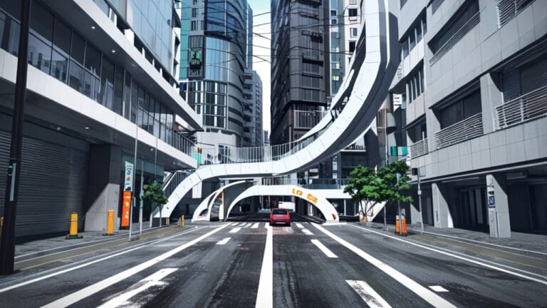 Calle moderna con vehículos autónomos circulando entre edificios urbanos futuristas