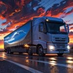 Imagen de un camión eléctrico circulando por una carretera chilena al atardecer