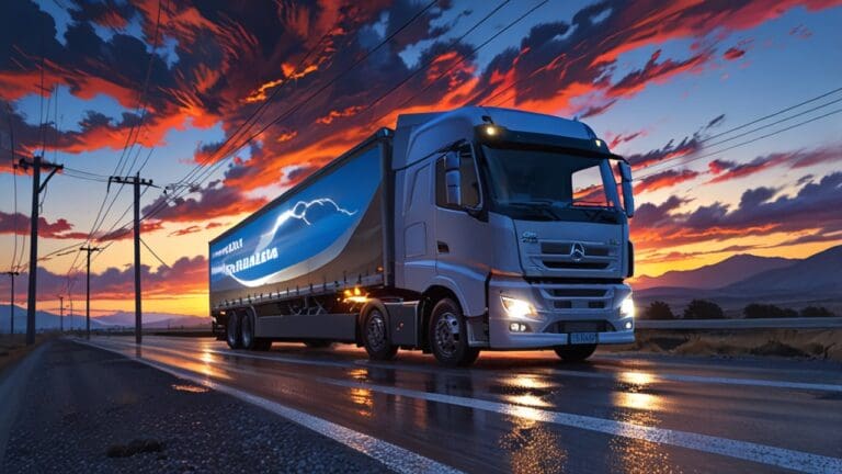 Imagen de un camión eléctrico circulando por una carretera chilena al atardecer