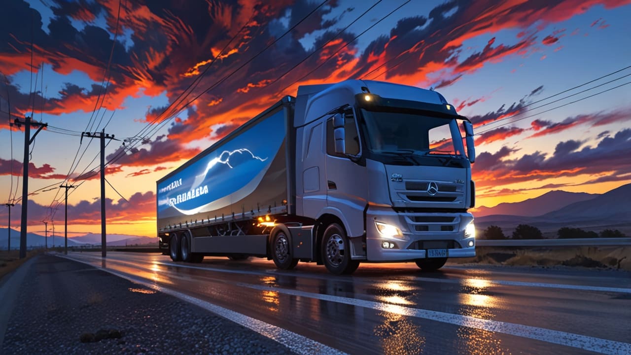 Imagen de un camión eléctrico circulando por una carretera chilena al atardecer