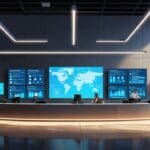 Escenario moderno de oficinas y dispositivos tecnológicos representando la innovación fintech.