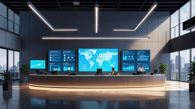 Escenario moderno de oficinas y dispositivos tecnológicos representando la innovación fintech.