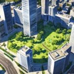 Vista aérea de un distrito tecnológico moderno en una gran ciudad con torres de oficinas y zonas verdes