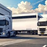 Centro de distribución con camiones de carga y tecnología avanzada en operación