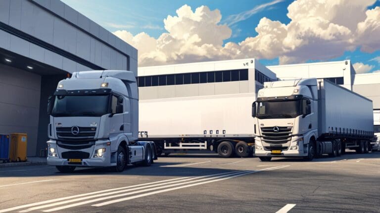 Centro de distribución con camiones de carga y tecnología avanzada en operación