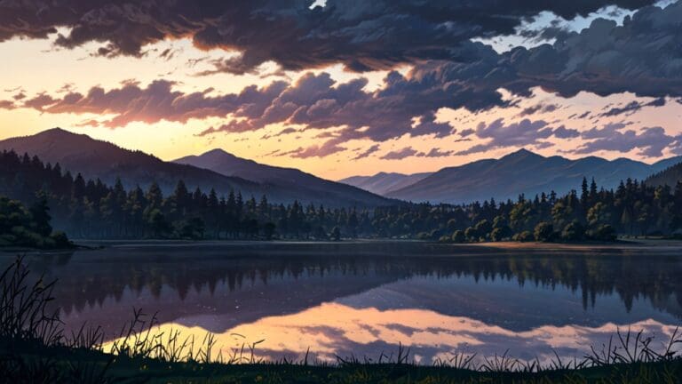 Vista panorámica de un lago con montañas y bosques al fondo iluminados por el sol.