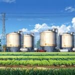 Paisaje rural con instalaciones agrícolas modernas y sensores tecnológicos integrados en el campo