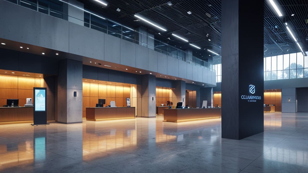 Oficinas modernas con equipos tecnológicos y pizarras digitales en un entorno universitario europeo