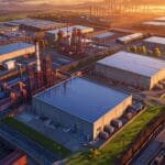 Vista aérea de un parque industrial con edificios tecnológicos al atardecer