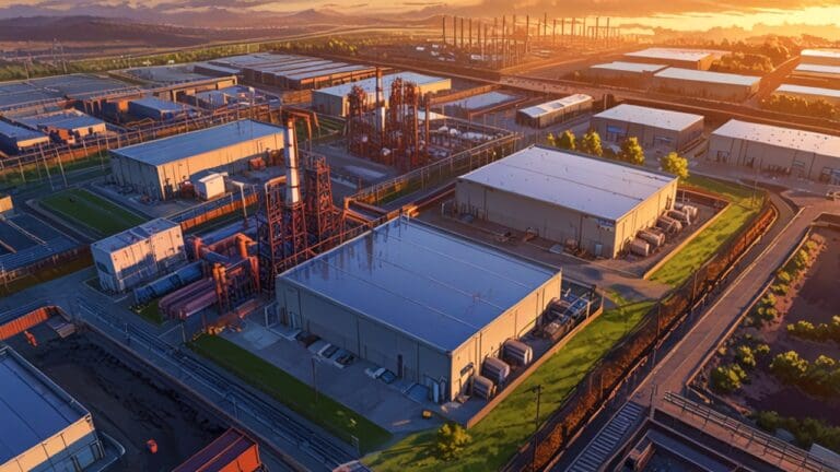 Vista aérea de un parque industrial con edificios tecnológicos al atardecer