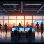 Interior de un centro de innovación con emprendedores trabajando y pantallas digitales mostrando gráficos y datos tecnológicos