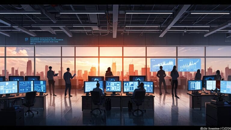 Interior de un centro de innovación con emprendedores trabajando y pantallas digitales mostrando gráficos y datos tecnológicos