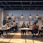 Espacio de coworking moderno con jóvenes emprendedores trabajando en laptops, luz natural y pizarras llenas de ideas