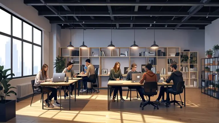 Espacio de coworking moderno con jóvenes emprendedores trabajando en laptops, luz natural y pizarras llenas de ideas