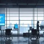 Oficinas modernas con pantallas digitales mostrando gráficos de crecimiento tecnológico en un entorno europeo